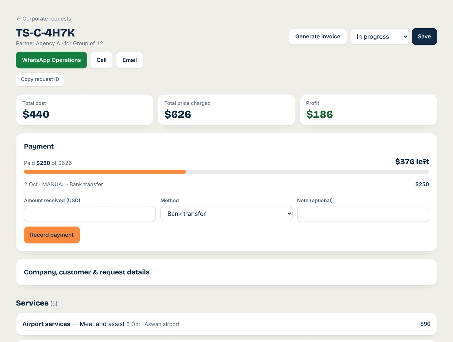 A Toursside partner request showing total cost, price charged, profit, payments and services