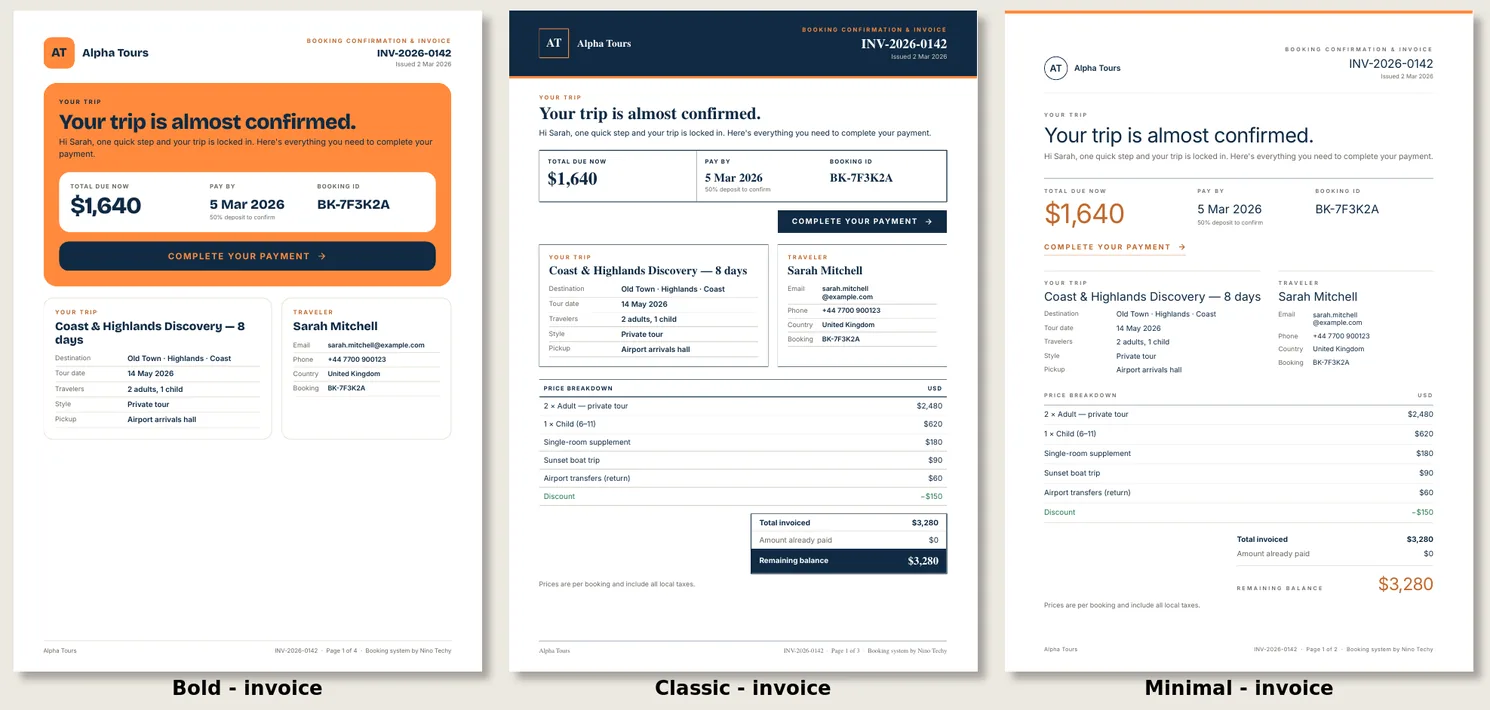 The Bold, Classic and Minimal invoice designs side by side, each with the same sample booking, company logo and colours