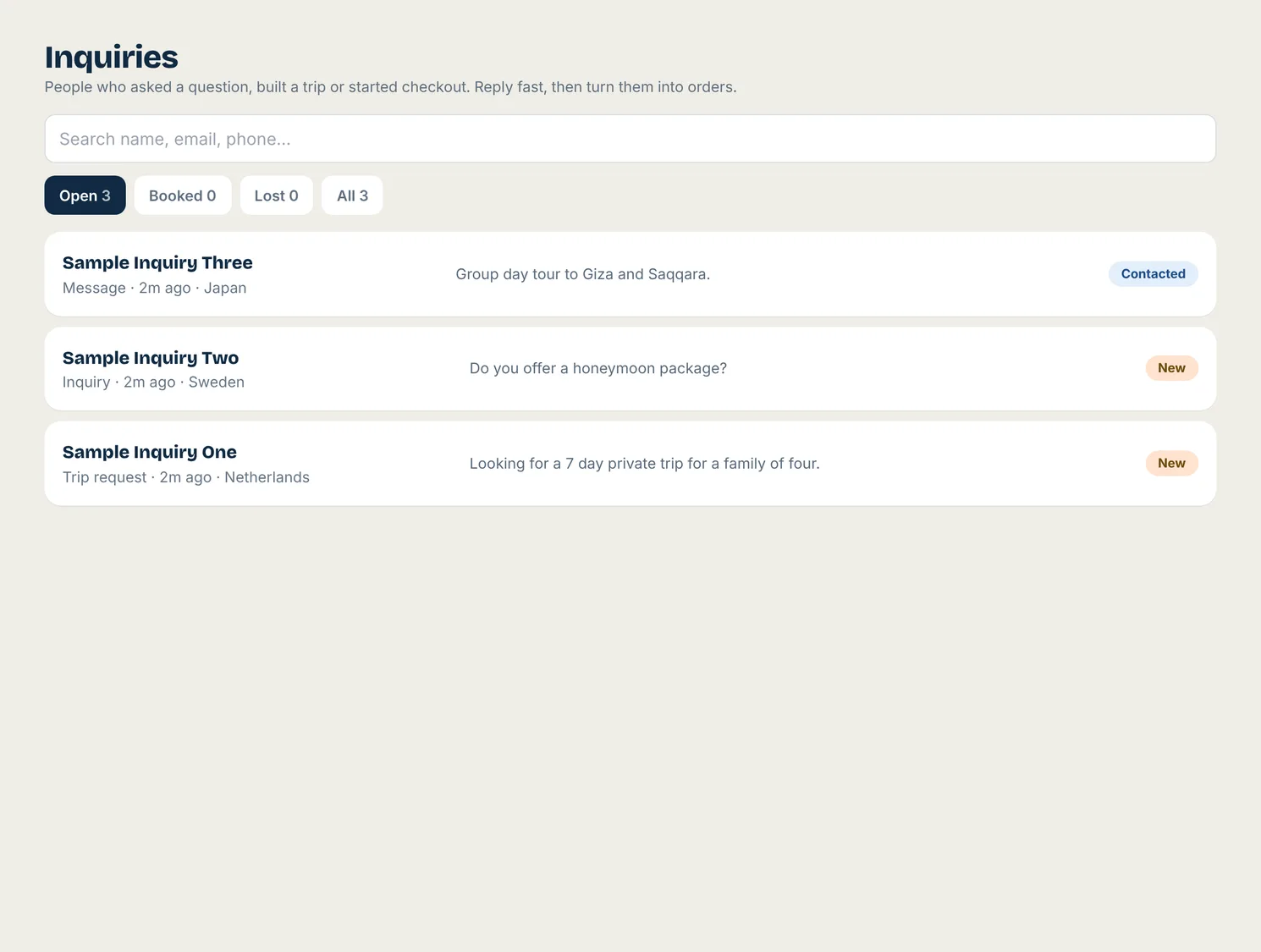 Toursside inquiries list with open, booked and lost inquiries