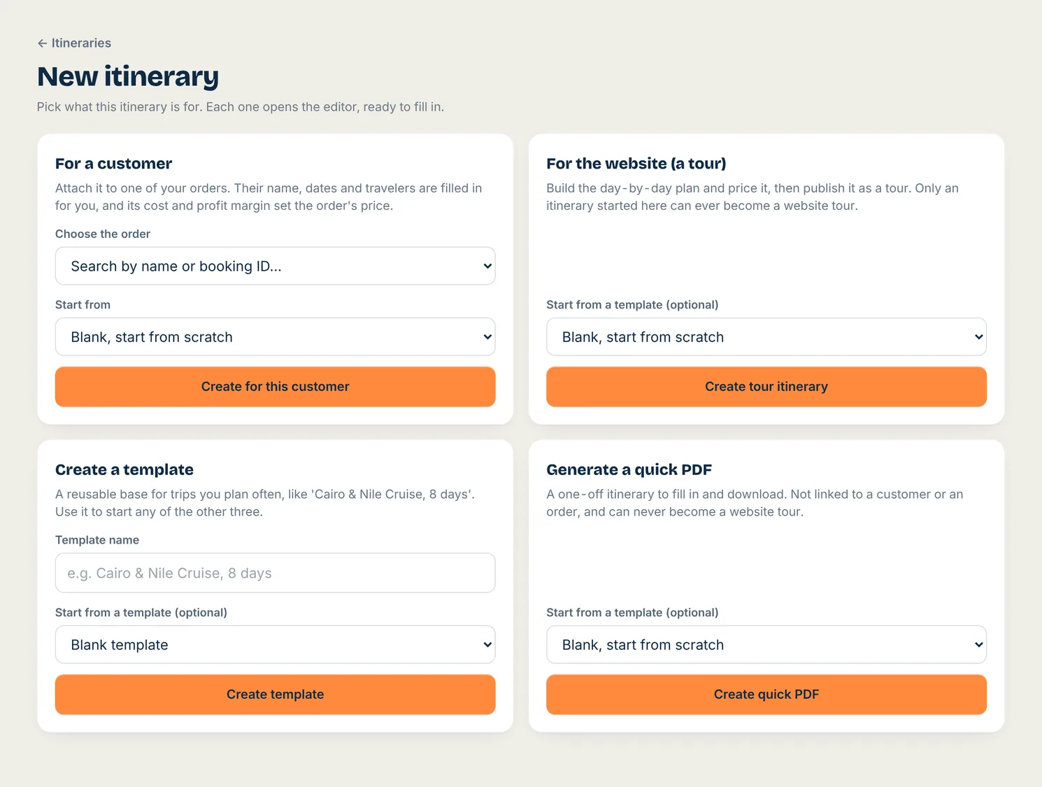 Toursside new itinerary screen with options for a customer, a website tour, a template or a quick PDF