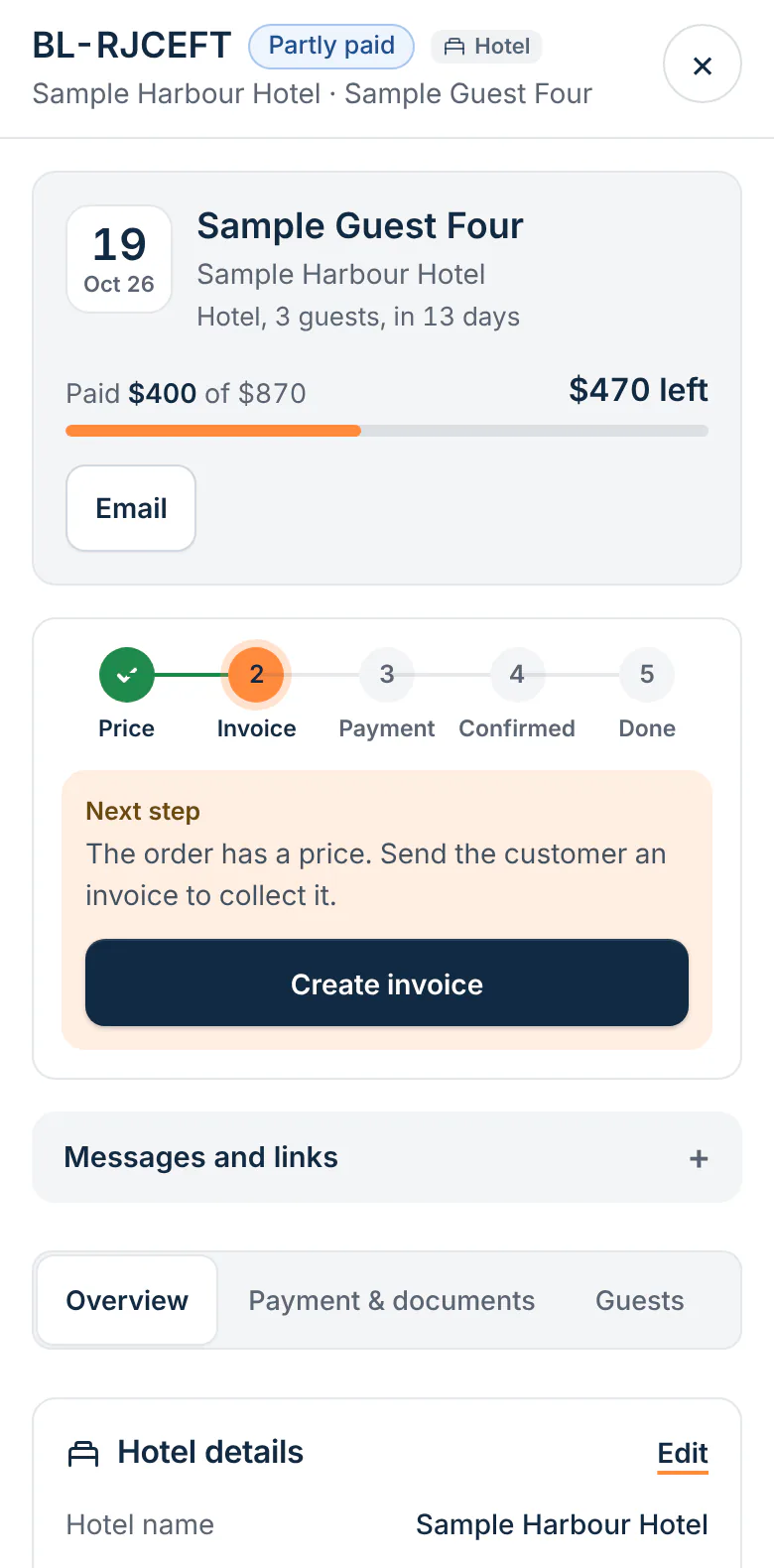 A hotel order in Toursside on a phone with the hotel name, guests, the amount paid and left, and its steps Price, Invoice, Payment, Confirmed and Done