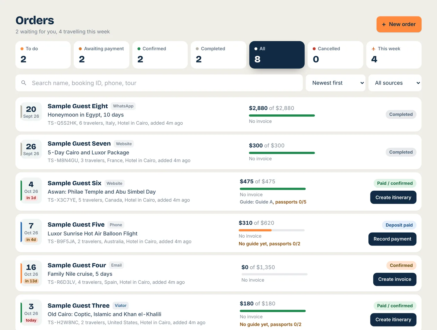 Toursside orders list with bookings from several channels
