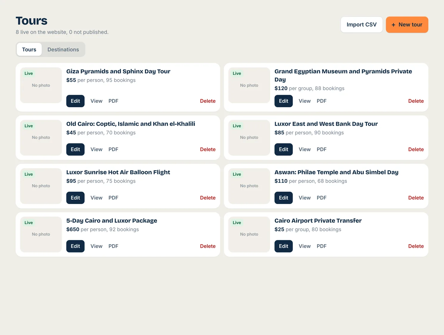 Toursside tours list with live tours, prices per person and booking counts